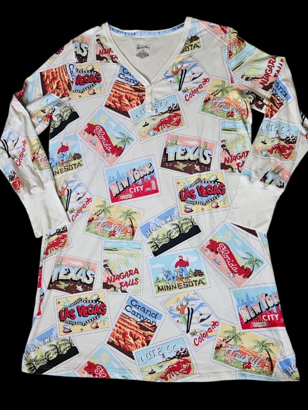 NICK & NORA Nightgown Women XXL Travel Postcards Long Sleeve Pajama Dress Lounge